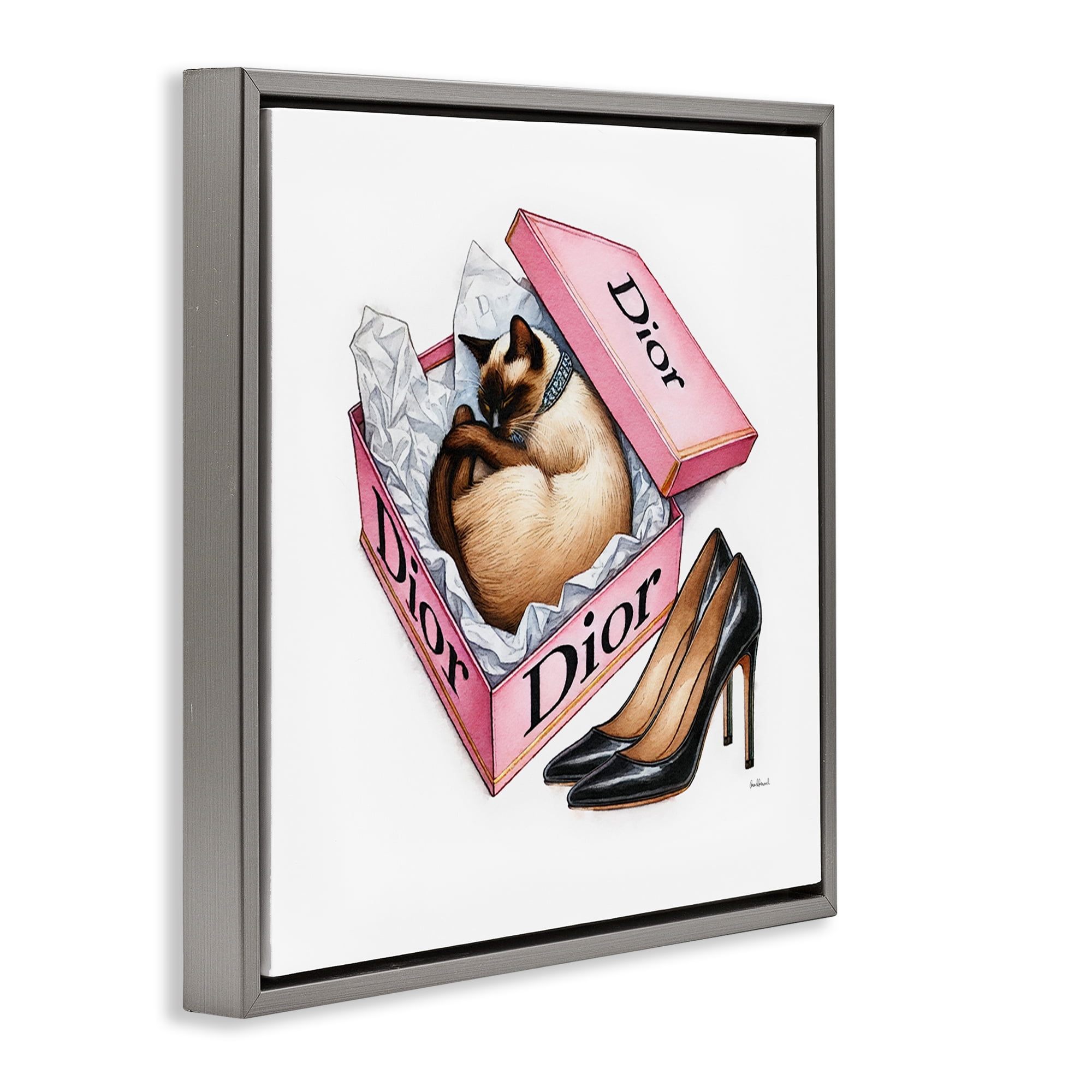 Stupell Industries Pink Shoebox with Cat Animals Painting Gray Floater Framed Canvas Art Print Wall Art, 18 x 18