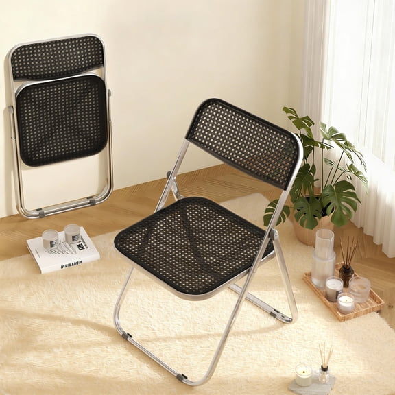 HDHNBA Indoor Outdoor Stackable Rattan Look Plastic Folding Chairs 350 LBS, Set of 2, Black