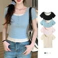 thumbnail image 2 of Wyobmus Womens Short Sleeve T Shirt Y2K Mock 2 Piece Lace Patchwork Henley Shirts Button Down Scoop Neck Slim Fit Tops Ribbed Knit Tee Tops Blue, 2 of 9