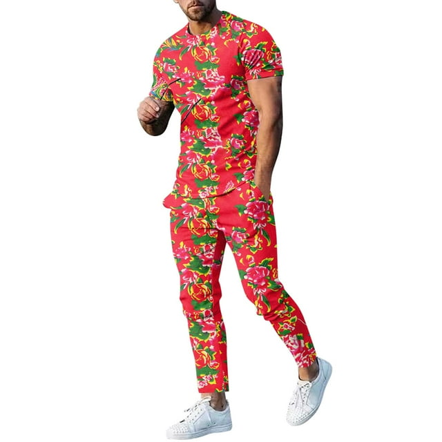 Costumes pour Hommes / Catégorie de Produits spotlight Ensembles de Costume pour Hommes Printemps et Automne Floral T-Shirt à Manches Longues avec Col Rond et Bas Coordonnés Tendance Mode Moderne