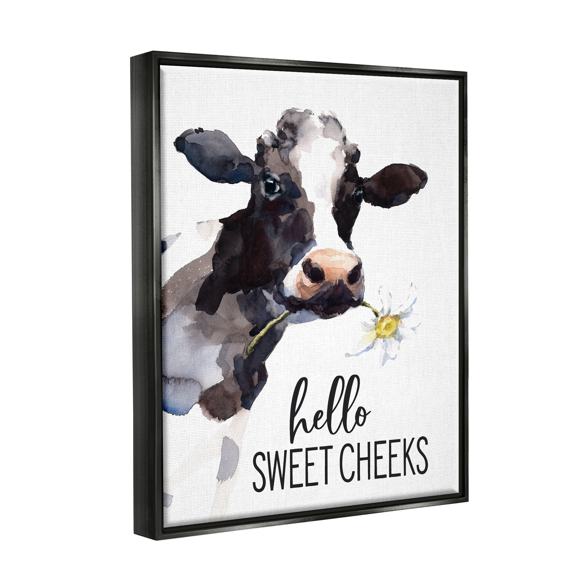 Stupell Industries Hello Sweet Cheeks Country Cow Cattle Holding Flower Graphic Art Jet Black Floating Framed Canvas Print Wall Art, Design by Lettered and Lined