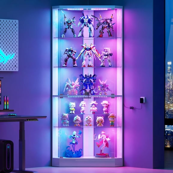 White 69-Inch Corner Display Cabinet with RGB Lights, Glass Shelves, Glass Doors, and Human Body Sensor, 5-Tier Curio Cabinet for Collectibles