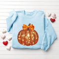thumbnail image 5 of Fall Sweatshirts for Women Pumpkin Print Halloween/Thanksgiving Holiday Tops Crewneck Long Sleeve Pullover (M, Sky Blue|Pumpkin), 5 of 6