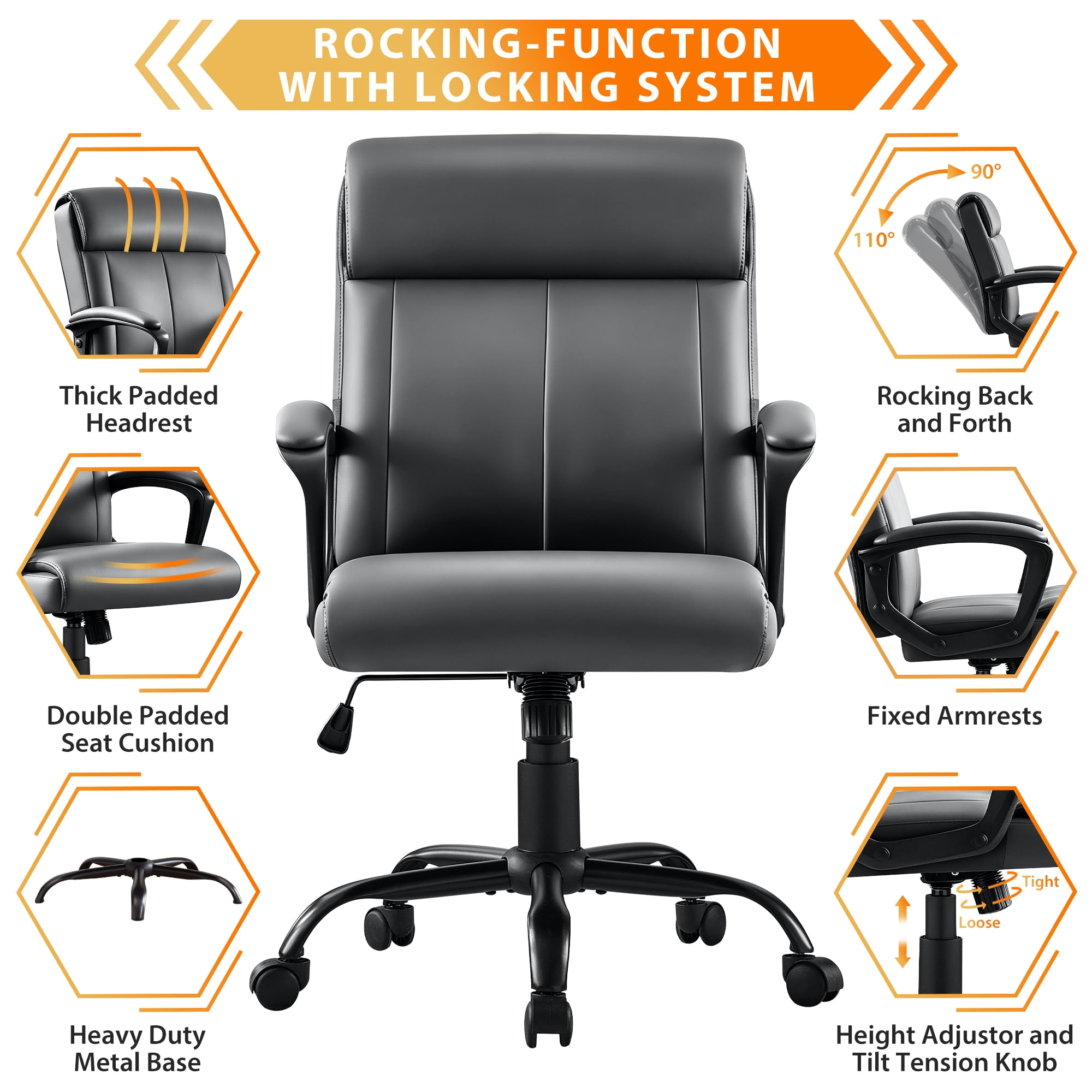 JONPONY Big and Tall Office Chair 300LBS Wide Seat Ergonomic Computer Desk Chair High Back Executive Leather Chair Adjustable Task Chair Lumbar Back Support 8 Hours Heavy Duty Design,Grey