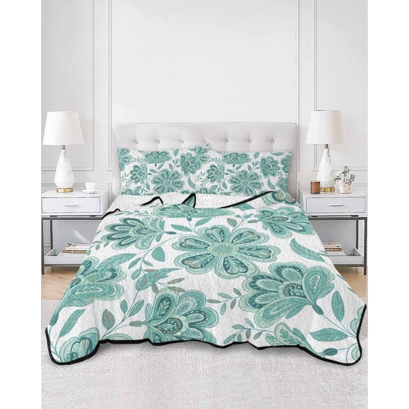 Quilts Full Size, Turquoise Paisley Floral Soft Comforter Bedding Set for Bed, Boho Vintage Ethnic Flowers Lightweight Quilted Bedspread with Pillow Cover(2 Pieces) for All Season, 78x90 Inch