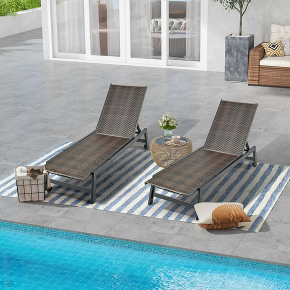 Costway 2PCS Patio Galvanized Steel Chaise Lounge with Wheels PE Rattan Recliner Chair