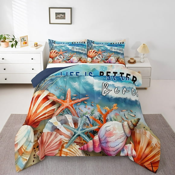Erosebridal Seashell Starfish Bedding Twin Comforter Set,Marine Animal Down Comforter,Sealife Decor,Reversible,Lightweight,2-Piece