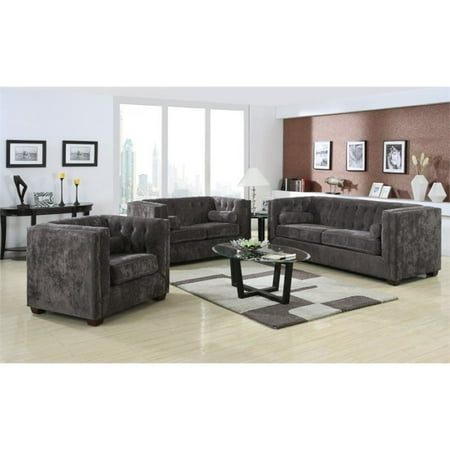 Coaster Alexis 3 Piece Microvelvet Chesterfield Sofa Set In Charcoal Coaster Alexis 3 Piece Microvelvet Chesterfield Sofa Set In Charcoal