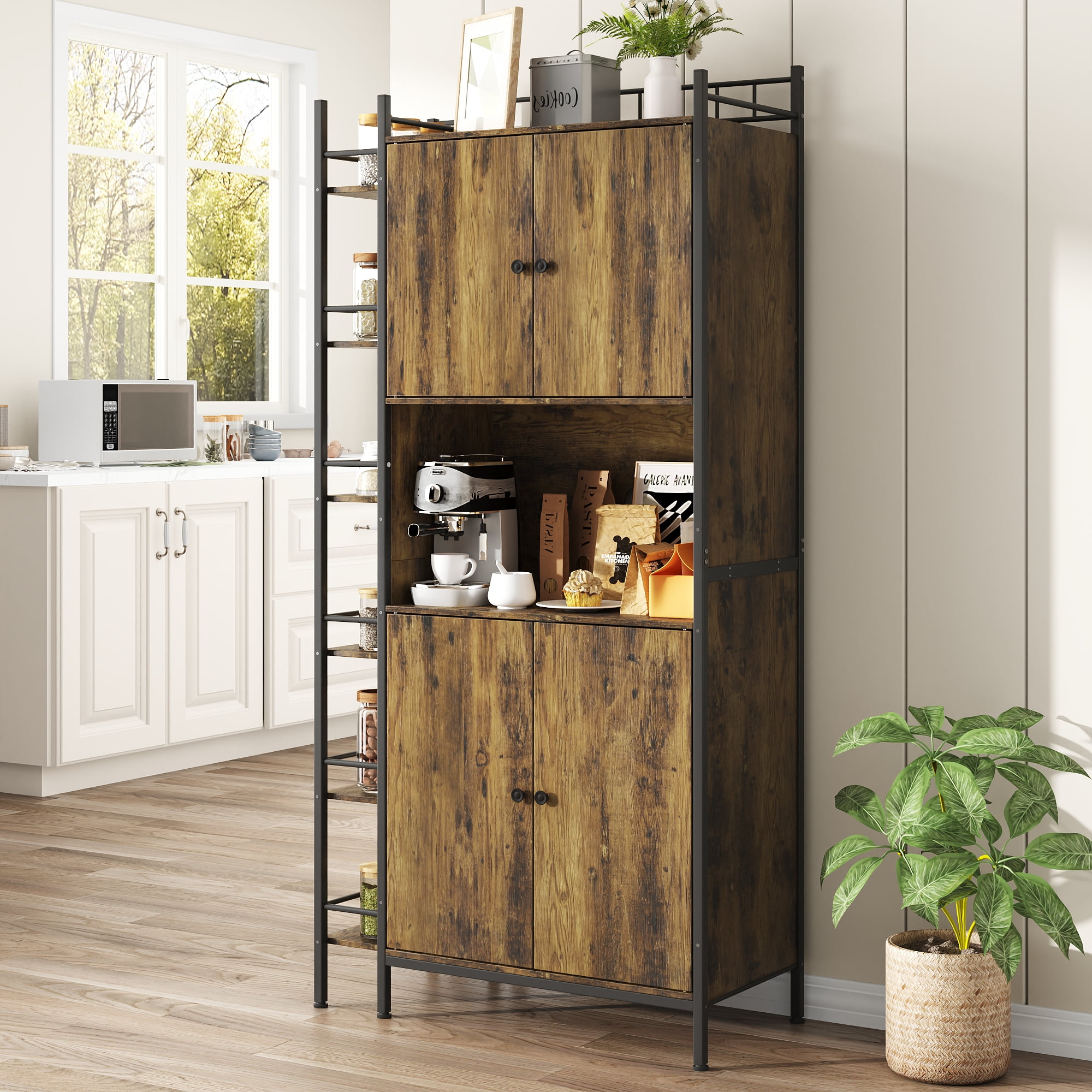NEGYLIM 71" Kitchen Pantry Storage Cabinet, Freestanding Larder Cupboard, Kitchen Hutch Cabinet with Microwave Stand,Utility Pantry with Doors and Shelves for Dining Room, Living Room, Brown