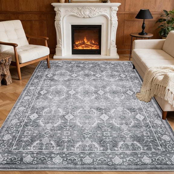 9x12 Vintage Boho Area Rug - Washable, Non-Slip, Low-Pile for Living Room, Bedroom, Grey