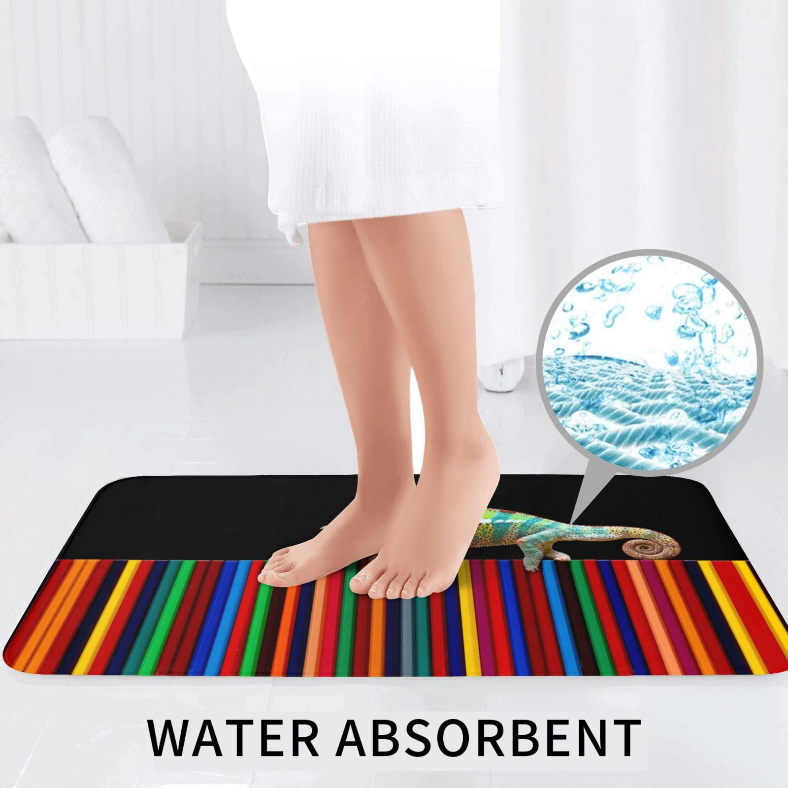 Bathroom Rugs Sets 3 Piece - Chameleon Panther On Colored Pencils Absorbent Non Slip Bath Mats, U-Shape Toilet Lid Cover, Contour Mat, Soft Washable Shower Mats Bath Rug Mat for Bathroom Tub Toilet