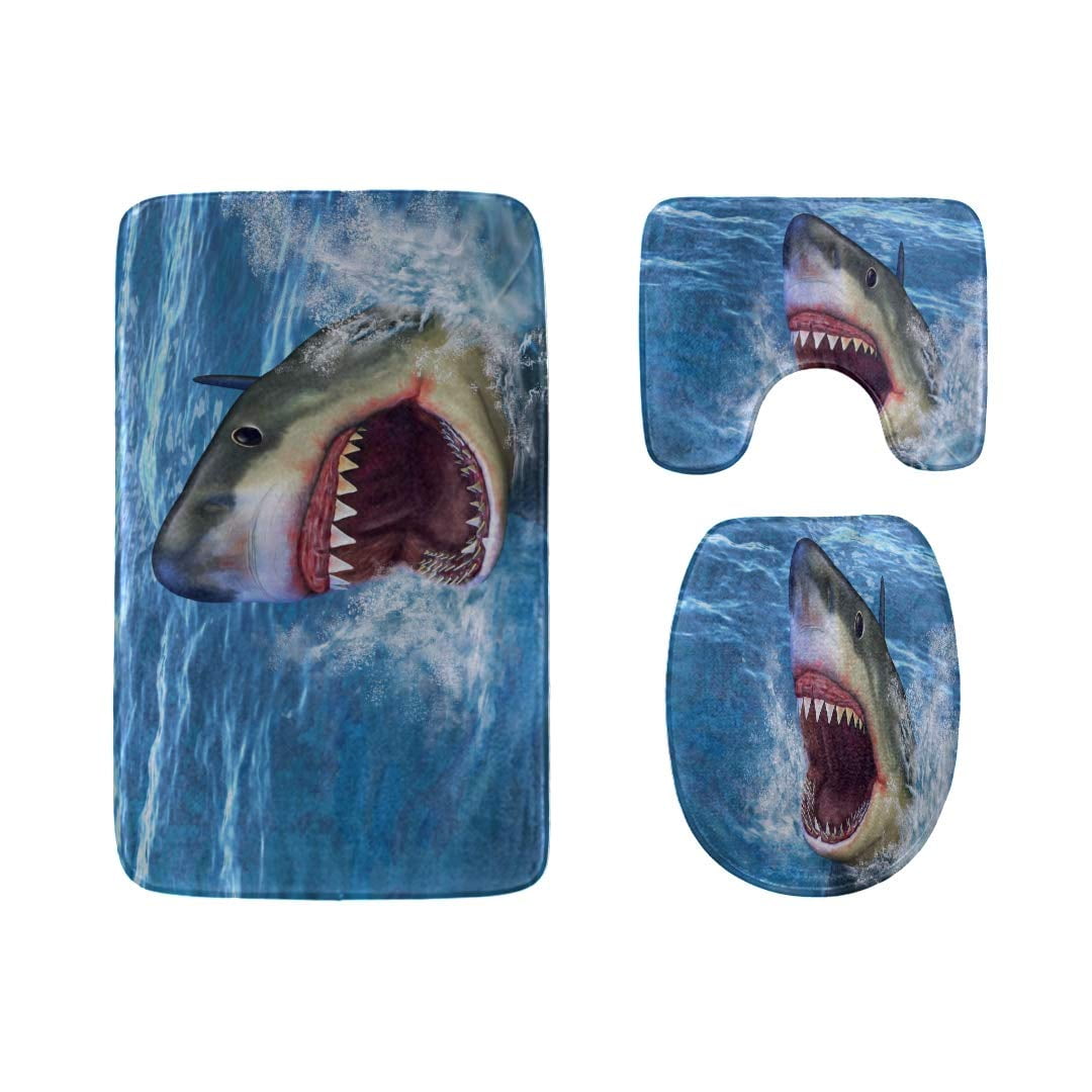 PUDMAD Fierce Great White Shark 3 Piece Bathroom Rugs Set Bath Rug