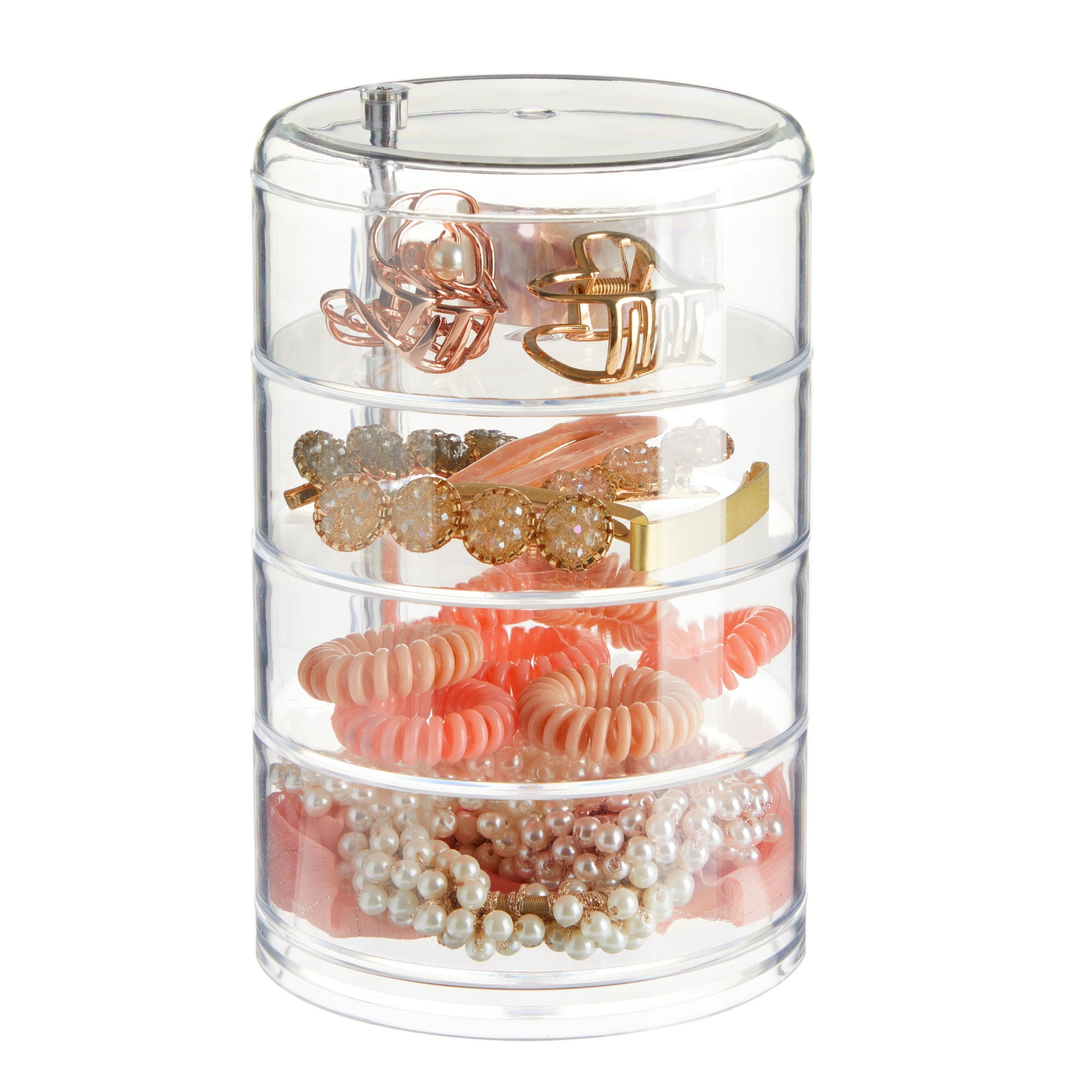 AfooBezos 4 Layer Clear Jewelry Organizer, Rotatable Small Cute Acrylic Jewelry Box for Hair Clip Hair Tie Hair Accessories Earring Necklaces