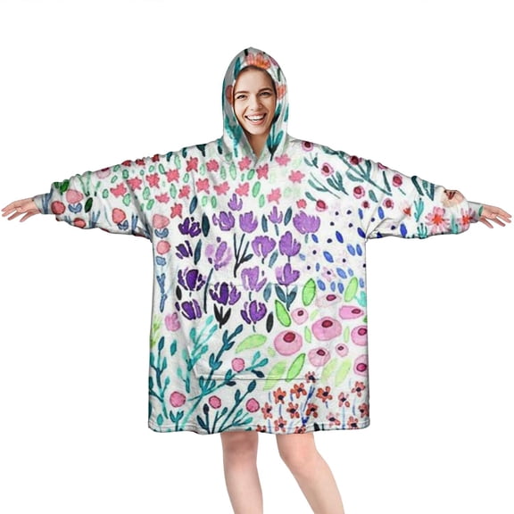 Wearable Oversized Blanket,Pioneer Flower Floral Print Pattern Wearable Blanket Hoodie for Adults,Cozy Hooded Blankets with Super Pockets,Super Warm Fuzzy Pullover for Women & Men
