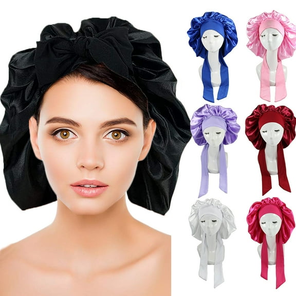 Gyouwnl Women Silk Bonnet, Wide Band Satin Sleeping Cap for Long Curly Hair, Adjustable Shower Cap Soft Sleeping Hat Night Cap with Elastic Ribbon