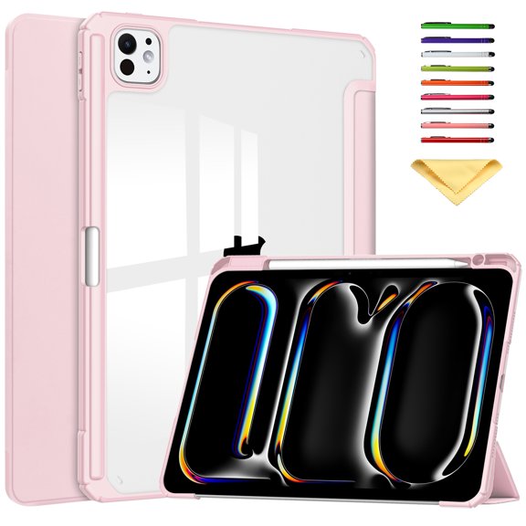 Allytechgroup Folio Stand Case for iPad Pro 13 inch M4 (2024) with Clear Transparent Back & Soft TPU Shockproof Frame Cover [Pencil Holder] [Auto Sleep/Wake] Smart Lightweight Trifold Shell, Rosegold