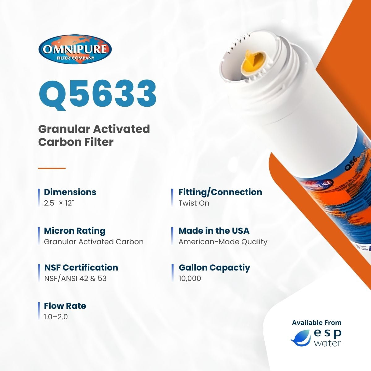 Omnipure Q5633 T33 Granular Activated Carbon Replacement Water Filtration Cartridge, 2.5 x 12 in, 0.5 Gpm, 2500 gal, 4-Pack, for RO and Under-Sink Systems