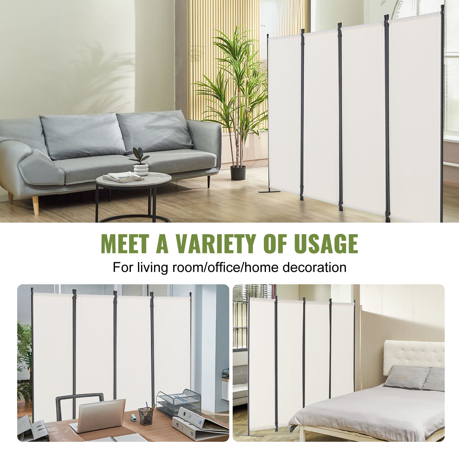 VEVOR Room Divider, 4 Panel Room Dividers and Folding Privacy Screens, Fabric Partition Room Dividers for Office, Bedroom, Dining Room, Study, Freestanding, White