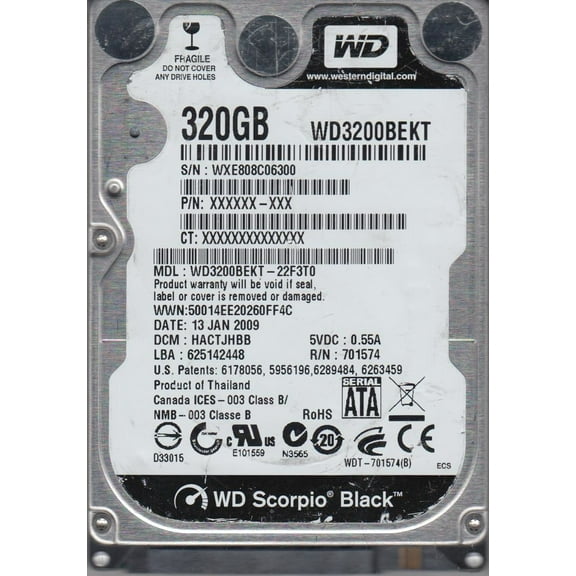 WD3200BEKT-22F3T0, DCM HACTJHBB, Western Digital 320GB SATA 2.5 Hard Drive