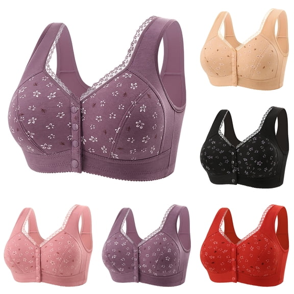 Qwertyu Daisy Bras for Older Women Front Closure - No Underwire, Full Coverage Cotton Bra, Breathable Push Up Comfy Bralette for Seniors Everyday Wear Red 36