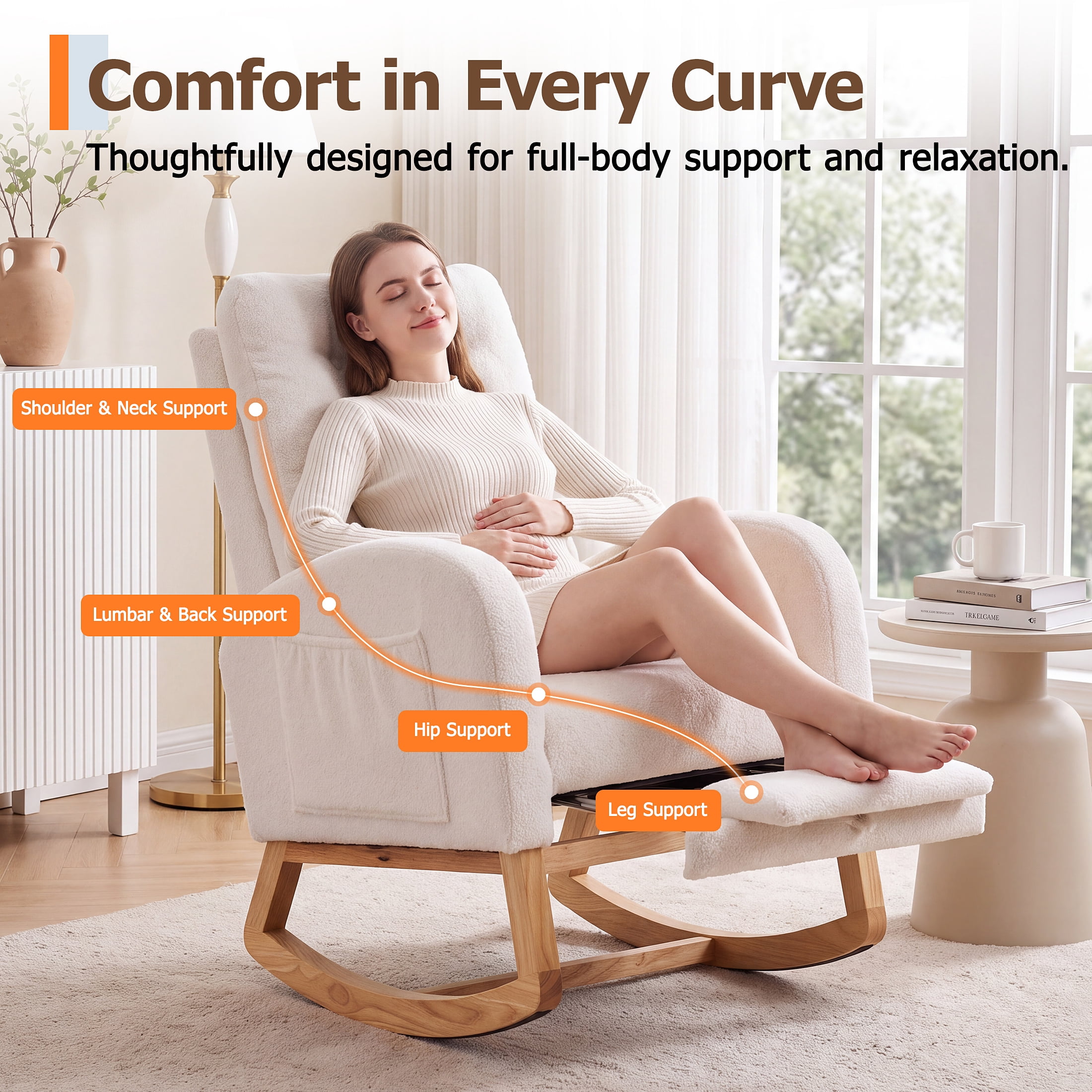 UHOMEPRO Upgraded Rocking Chair for Nursery, Modern Teddy Glider Rocker Chair with Footrest, High Backrest, Solid Wood Frame, Cream