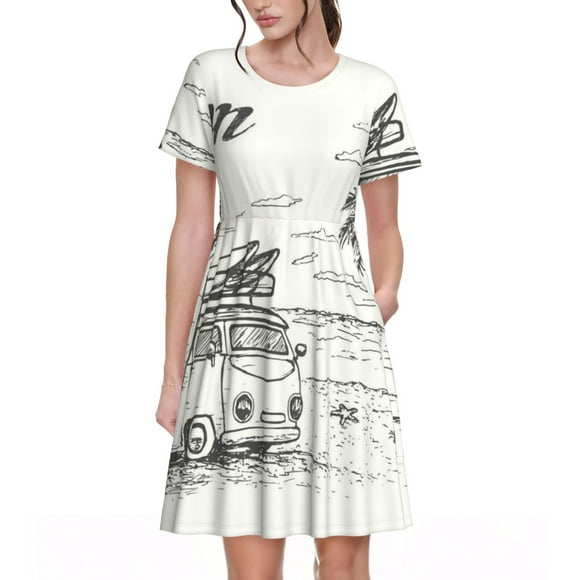 Fotbe Summer Vacation Scene With Camping Van Pattern Dress Casual Womens Fashion Short Sleeve Maxi Dress T Shirt Dress Striped Long Color Block Maxi Dress