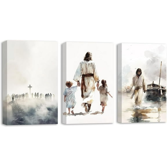 Hieng Jesus Wall Art Christian Canvas Wall Decor God Walking On Water Picture Prints Jesus Cross Poster Religious Artwork Church Decor（Only canvas）