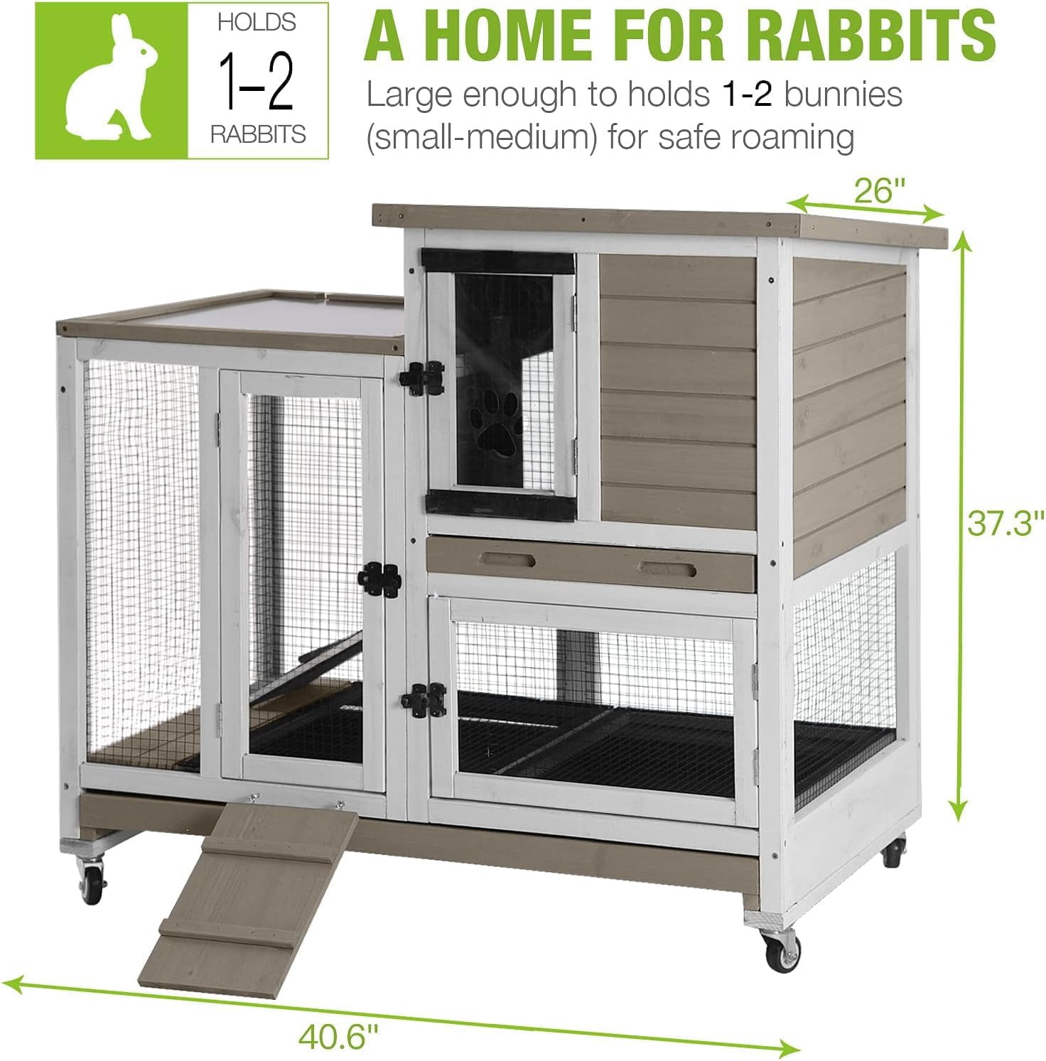 MEDEHOO Large Rabbit Hutch with Removable Wire Netting, 2 Deep Trays, 4 Wheels, Sliding Door, and Extra Access Door - Mocca Color