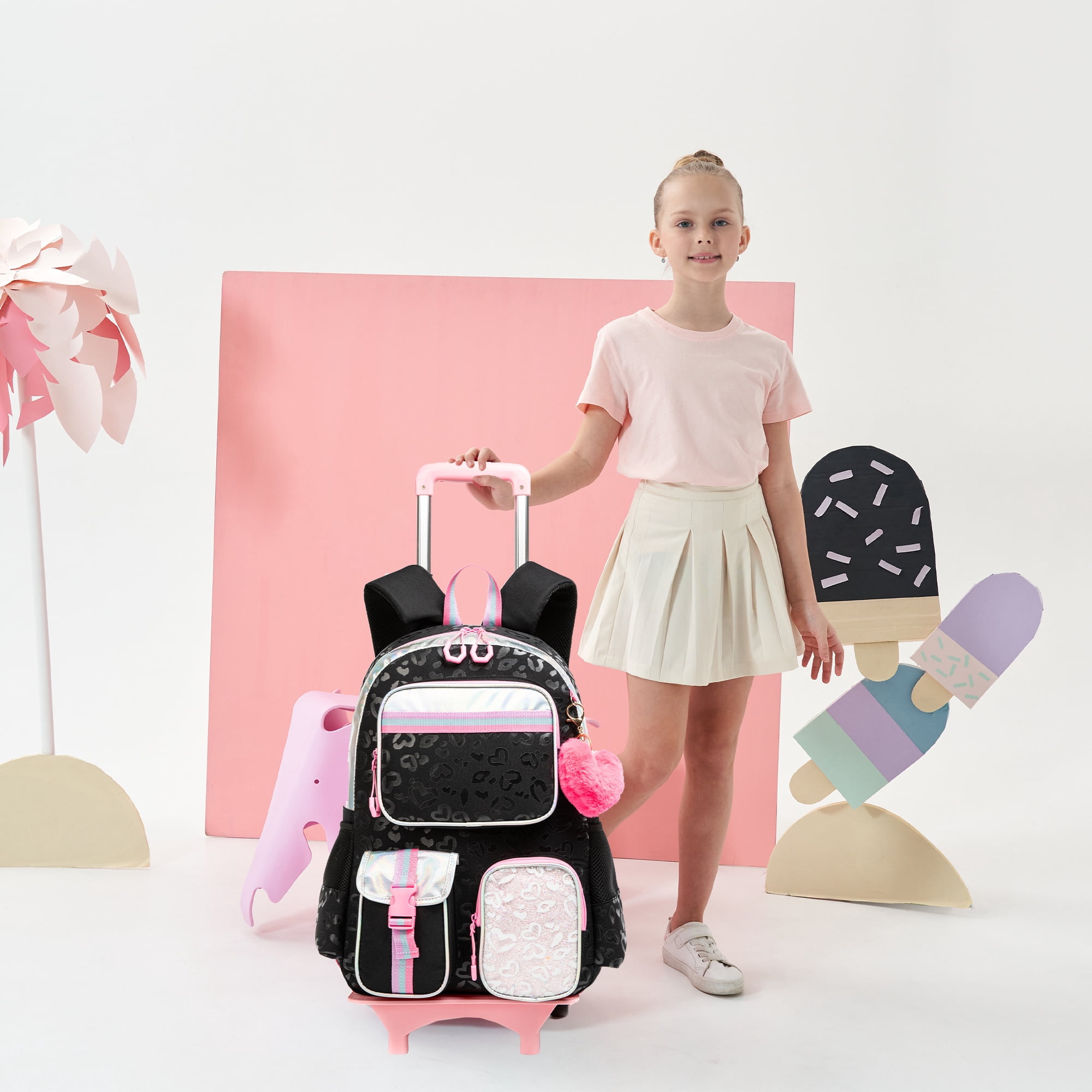 Rolling Backpack for Girls with Wheels,Wheeled School Bags for Elementary Students Trolley Bookbag for Ages 8-10 17 Inch