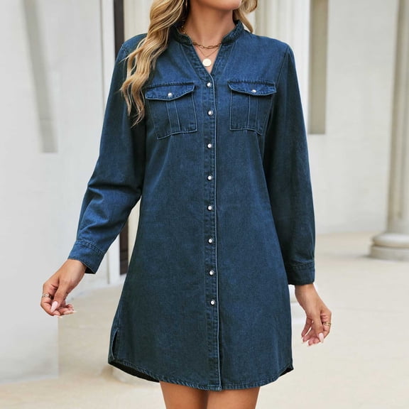 Sevevn Women's Stand Collar Button Down Denim Shirt Dress Long Sleeve Chest Patch Pocket Side Split Loose Casual Mini Jean Dress Dark Blue S