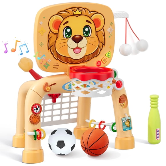 HYES Panier de Basketball pour Tout-Petit Ensemble de T-Ball et But de Soccer - Jouets de Sport Lion pour Garçon de 1 An avec Activités d'Apprentissage (Abaque/alphabet/sons d'Animaux) C