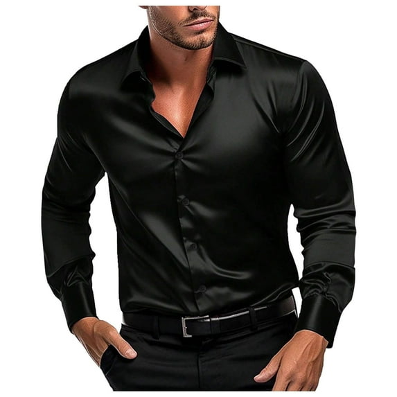 Men Dress Shirt Long Sleeve Button Down Solid Color Lapel Collar Business Casual Summer Lightweight Blouse L