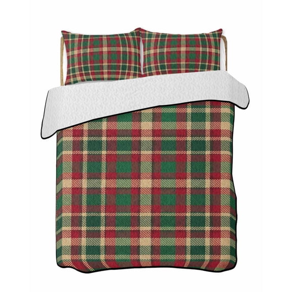 Quilts Twin Size Bedding Set, Autumn Plaid Lightweight Quilted Comforter, Red Green Tartan Gingham Farmhouse Checkered Soft Reversible Bedspread Coverlet with Pillow Covers for All Season, 68" x 86"