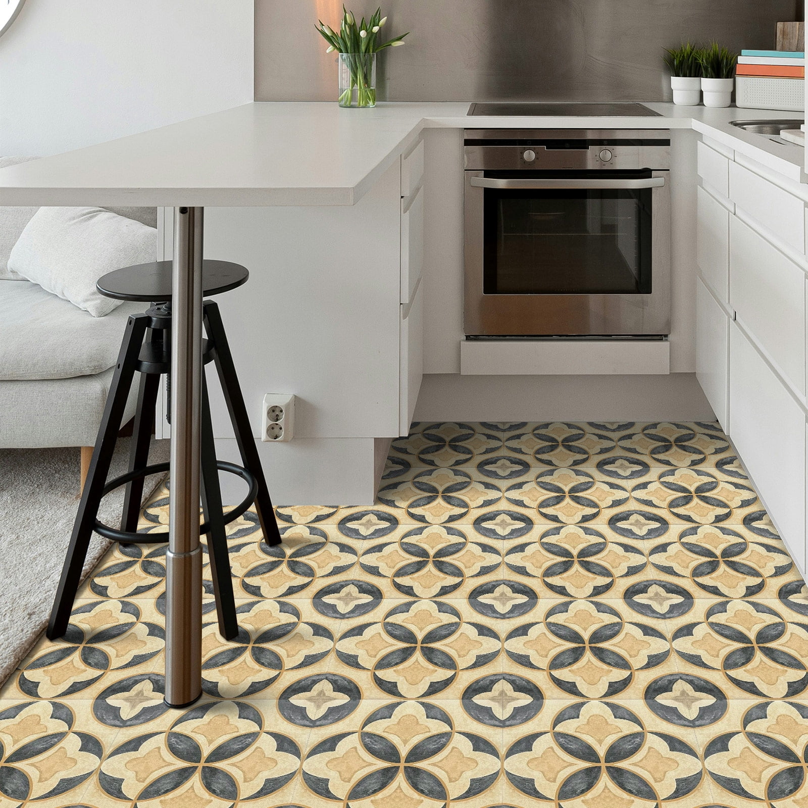 DEWOO 10PCS 12" x 12" Peel and Stick Floor Tiles, Vintage Floral Removable Self Adhesive Vinyl Flooring Stickers, Renter Friendly DIY Tile for Kitchen Entryway Bathroom Living Room
