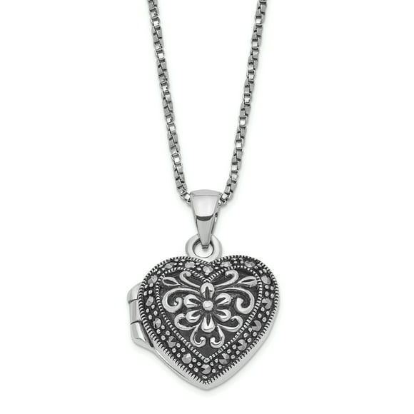 925 Sterling Silver Marcasite Heart Locket with Chain Necklace 18 Inch