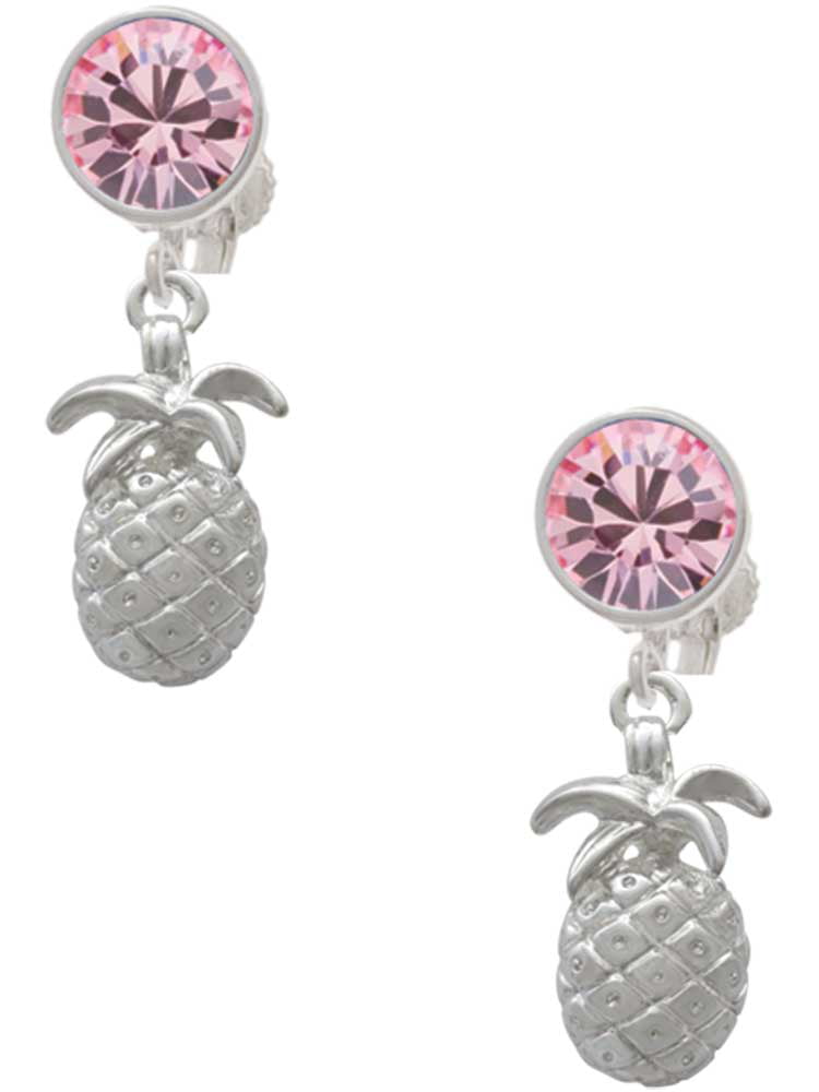 Pink Crystal Clip on Earrings Silvertone Pineapple