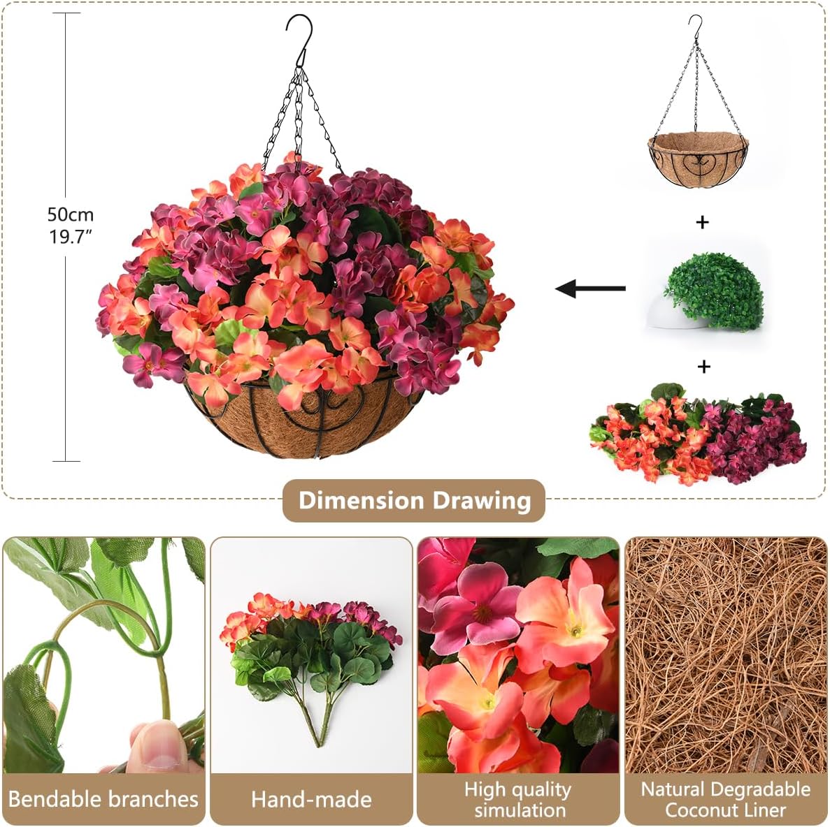Artificial Flowers Hanging Basket for Outdoor Indoor Decor,Faux Silk Flower Arrangement,10 Branches Geranium with 12 Inch Coconut Lining Chain for Patio Decoration(Purple Orange)
