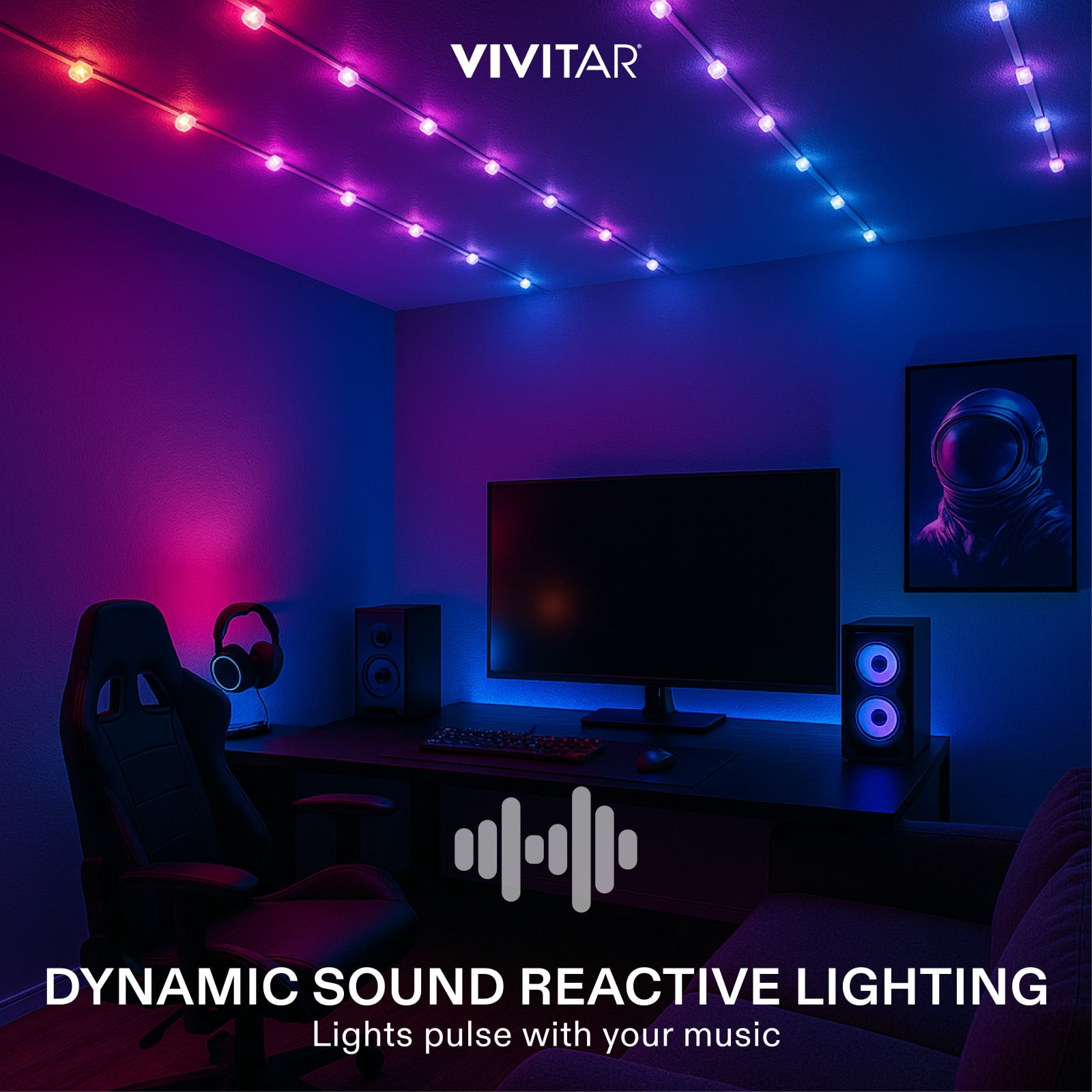 Vivitar 16.4FT RGBIC LED Strip Lights Color Changing, Sound Reactive LED Light Strip with Remote for Bedroom, Gaming Room, Ceiling & Wall