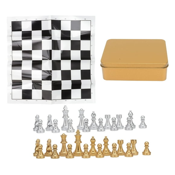MAYUJIAA International Chess Set Wearproof International Chess Pieces Board Set with Storage Iron Box for Family Party Travel Gold Box HW313-32212