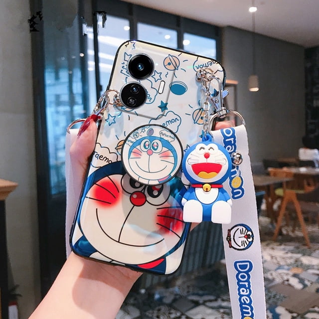 2022 Nueva Carcasa Para Teléfono Vivo Y02S/Y77/Y30/Y55/T1 5G/T1X 4G Funda Blanda De Moda Blu-ray Lindo Soporte De Muñeca De Dibujos Animados Doraemon Correa Para El Cuello Cuerda Cubierta Del VIVOY02S