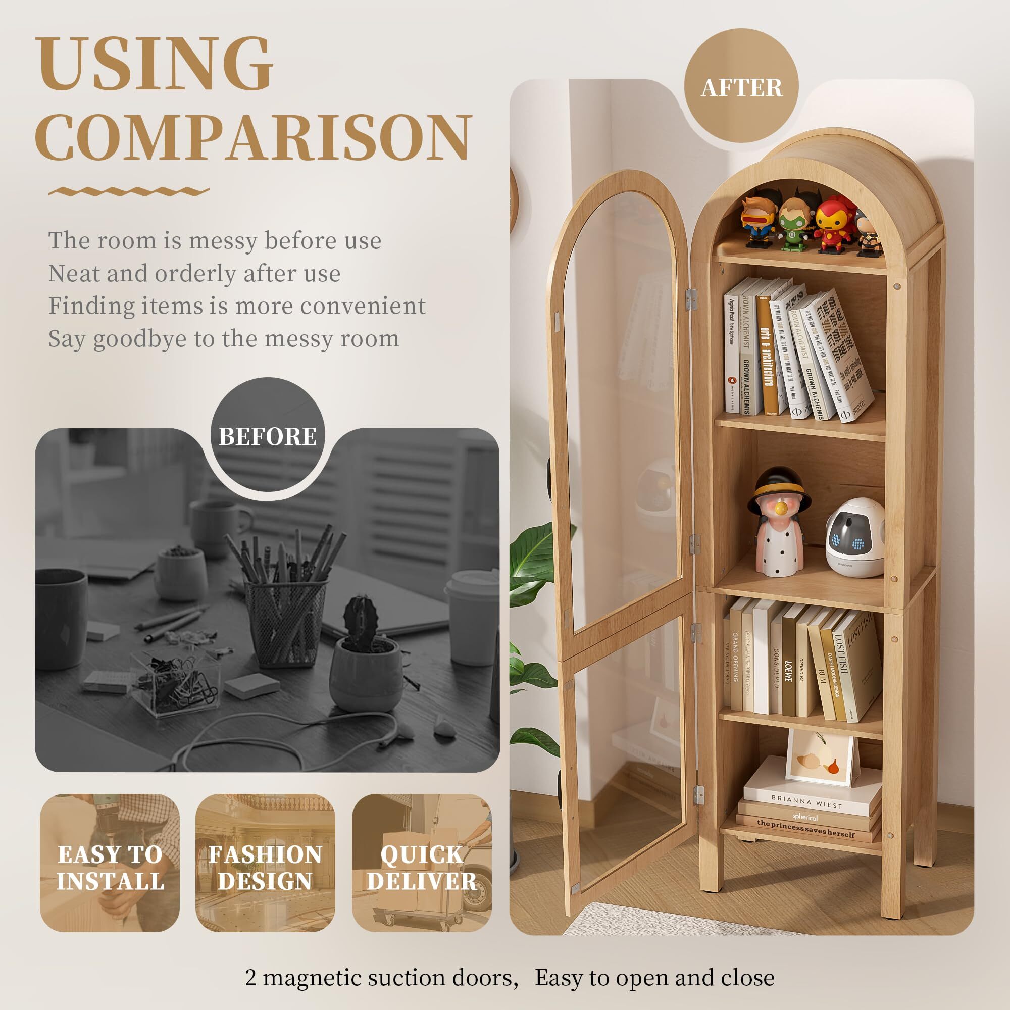 Fsbecl Tall Arched Storage Display Cabinet, Kitchen Pantry Cabinet with Doors, Wood