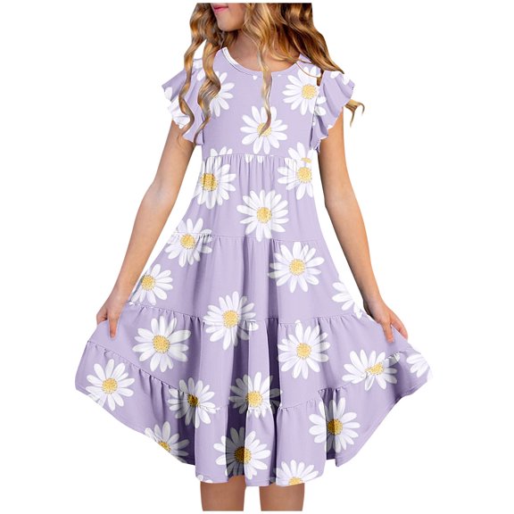 HOMADLES Girls Teen Dresses Ruffled Flower Print Short Sleeve Crewneck Stretch Layered Breathable Pocket Casual Dress Multicolor 6-7 T