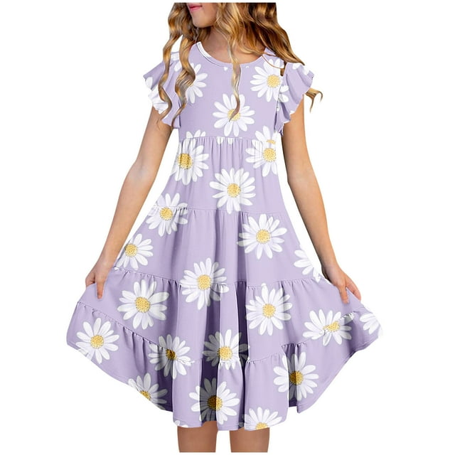 Zpanxa Robes Florales pour Filles Été Manches Courtes Manches Volantées Col Rond Imprimé de Fleurs Taille Poche Robe Superposée Polyester Spandex Multicolore 8-9 Ans