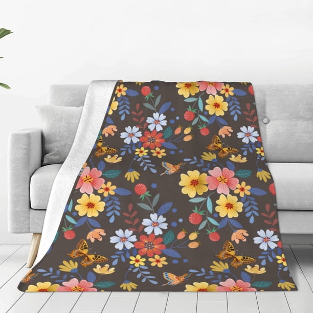 Fotbe Colorful Flowers with Butterfly Manta de Franela Acolchonada con Estampado, Súper Suave y Esponjosa, Extra Grande para Sofá, Cama, Uso Todo el Año-50"x40"
