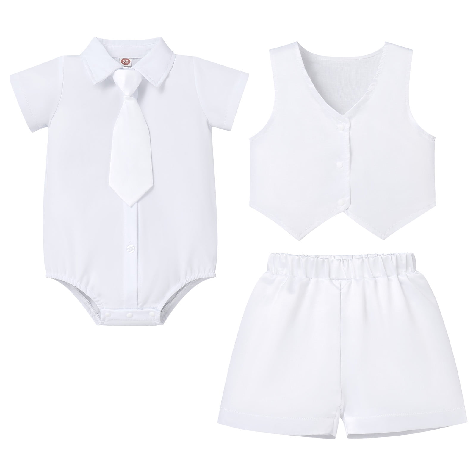 Baby Boys Baptism Christening Outfits Gentleman Formal Suit Bowtie Romper Vest Shorts Pants White Wedding Tuxedo Party Outfits First Birthday Cake Smash Clothes 4PCS Set (White Necktie, 6-12 Months)