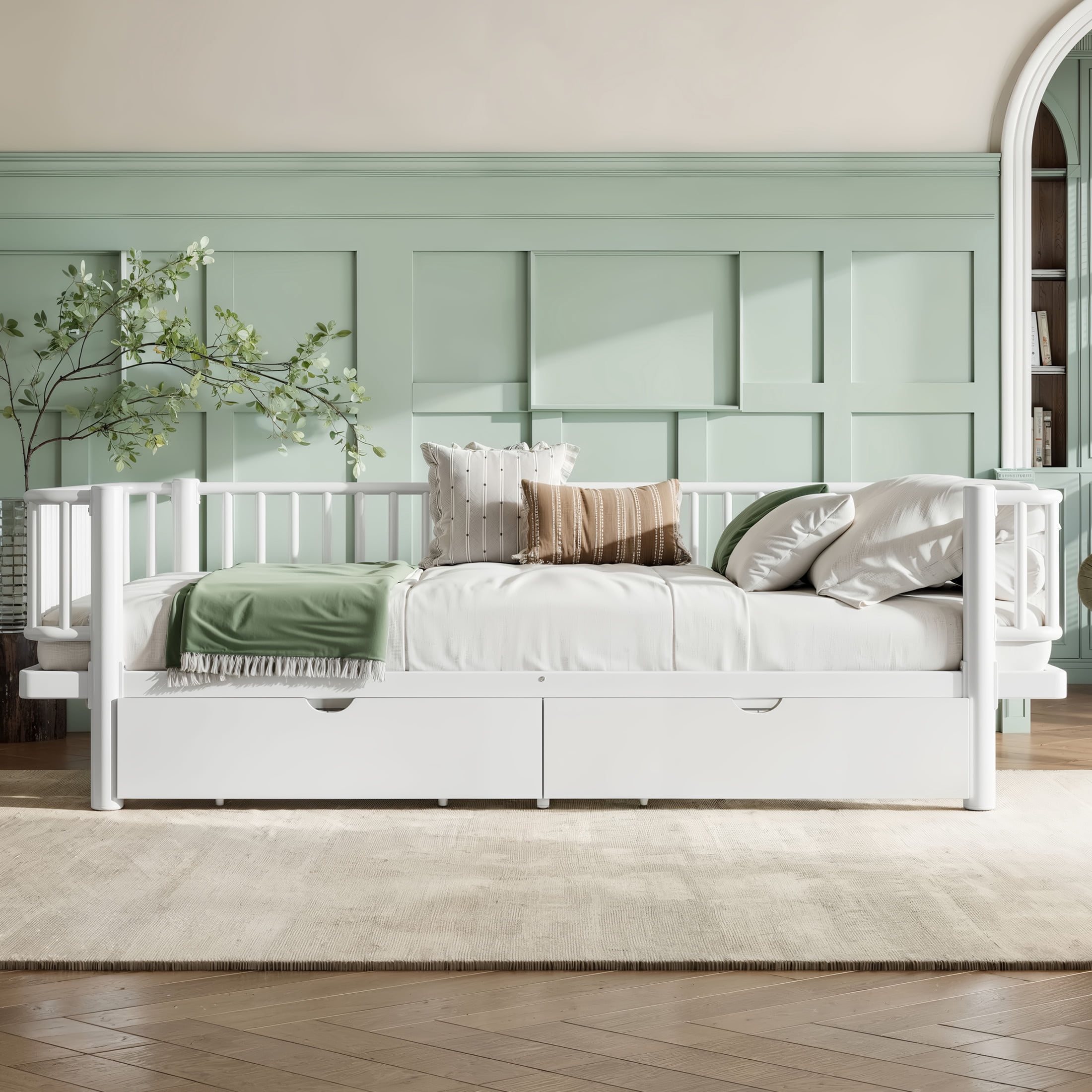 Noble House Queen Size Platform Bed with Storage Drawers, Daybed Frame with Round-Pipe Design, White