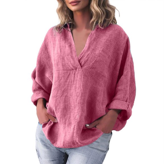 aidice Plus Size Womens Tops Lapel V Neck Long Sleeve Loose Lightweight Solid Color Casual Tee Shirts