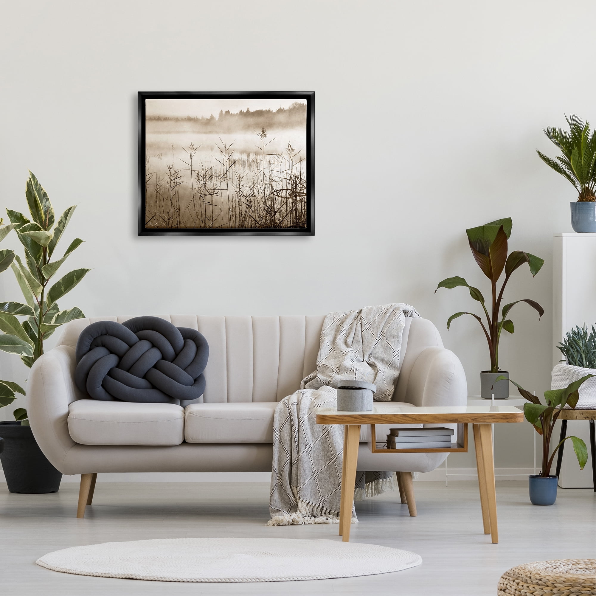 Stupell Industries Sepia Foggy Lake View Landscape Photography Black Floater Framed Canvas Art Print Wall Art, 31 x 25