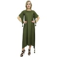 thumbnail image 3 of Bimba Women's Dark Olive Green Asymmetrical Hem Maxi Dress With Scarf Dresses-12, 3 of 9