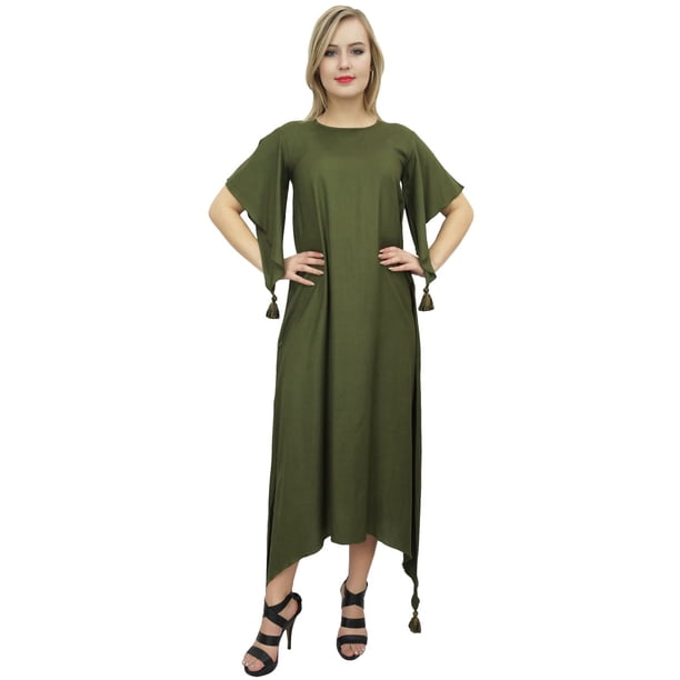 Bimba Women's Dark Olive Green Asymmetrical Hem Maxi Dress With Scarf  Dresses-24 - Walmart Business Supplies
